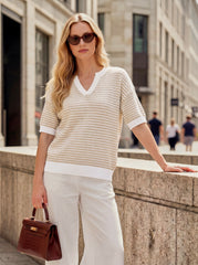 Arach&Cloz Women's 100% Cotton V-Neck Striped Short-Sleeve Polo Sweater (2026)