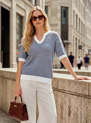 Arach&Cloz Women's 100% Cotton V-Neck Striped Short-Sleeve Polo Sweater (2026)