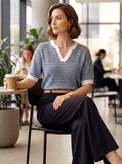Arach&Cloz Women's 100% Cotton V-Neck Striped Short-Sleeve Polo Sweater (2026)