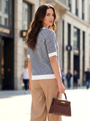 Arach&Cloz Women's 100% Cotton V-Neck Striped Short-Sleeve Polo Sweater (2026)