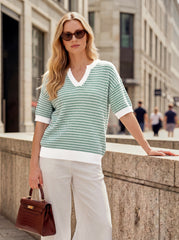 Arach&Cloz Women's 100% Cotton V-Neck Striped Short-Sleeve Polo Sweater (2026)