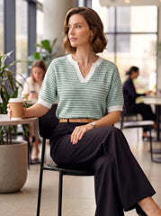 Arach&Cloz Women's 100% Cotton V-Neck Striped Short-Sleeve Polo Sweater (2026)