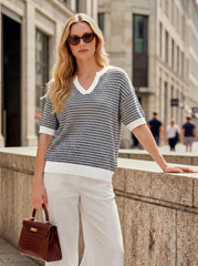 Arach&Cloz Women's 100% Cotton V-Neck Striped Short-Sleeve Polo Sweater (2026)