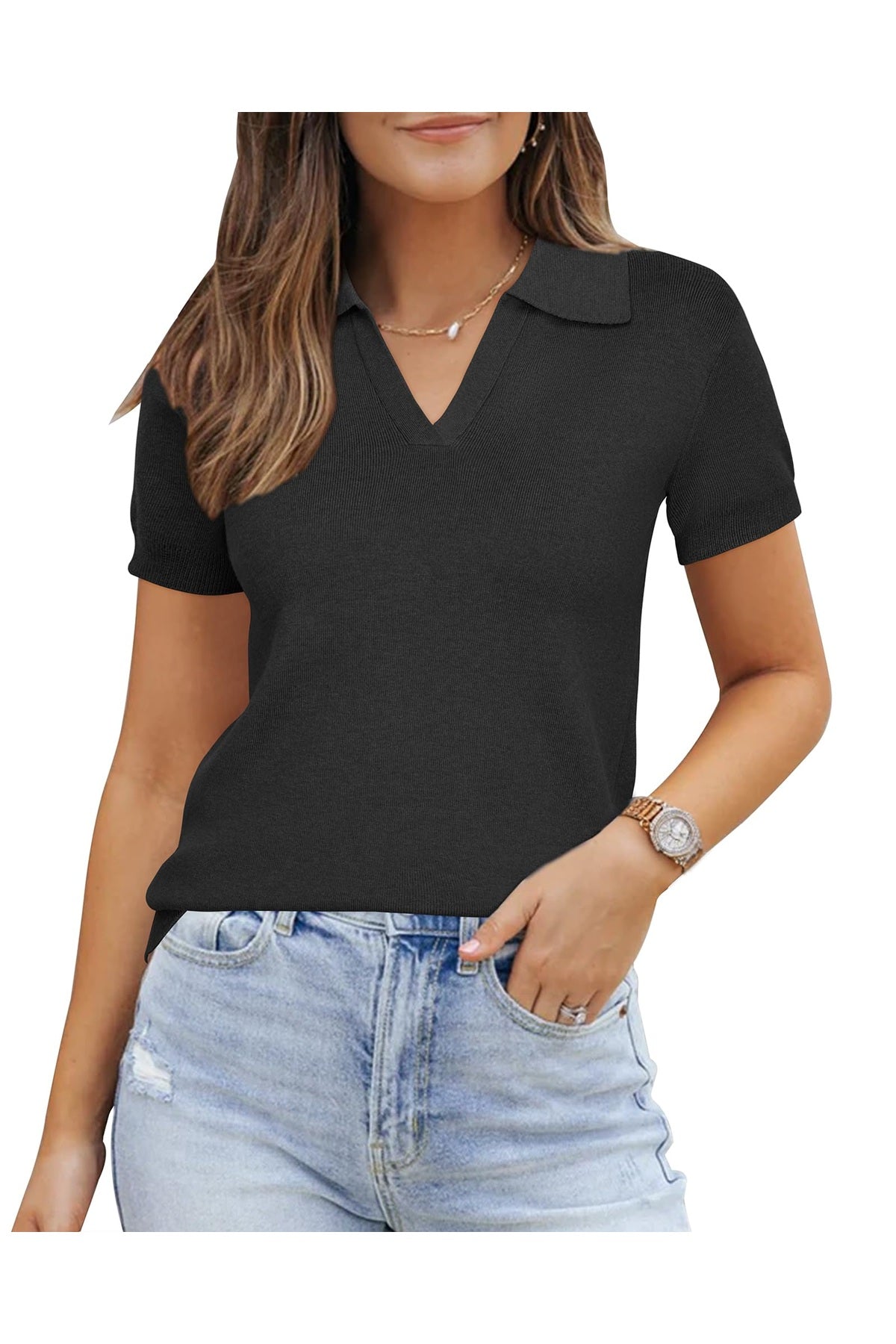 Arach&Cloz Wool-Blend Polo Knit Top — Rose — product image 1