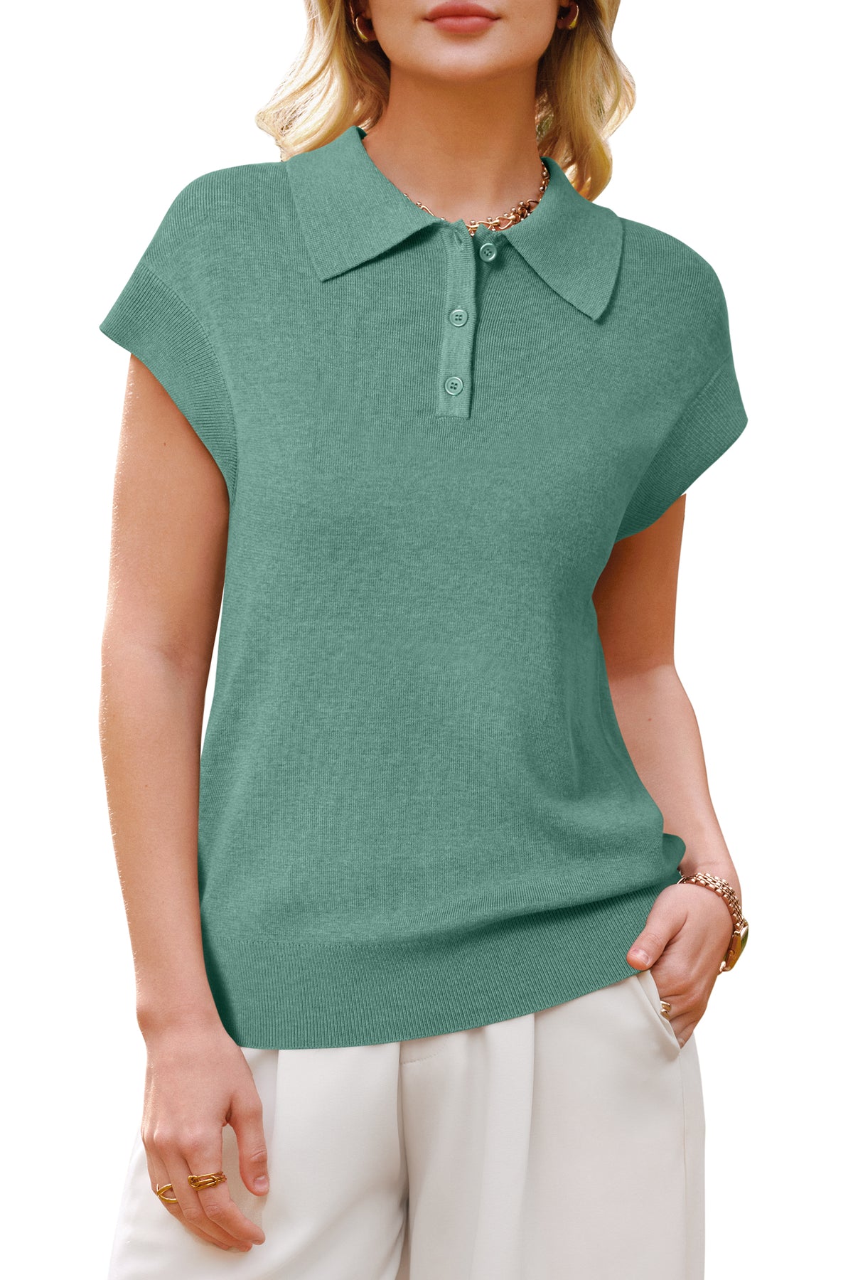 Arach&Cloz Wool-Blend Polo Cap-Sleeve Sweater Vest — product image 90