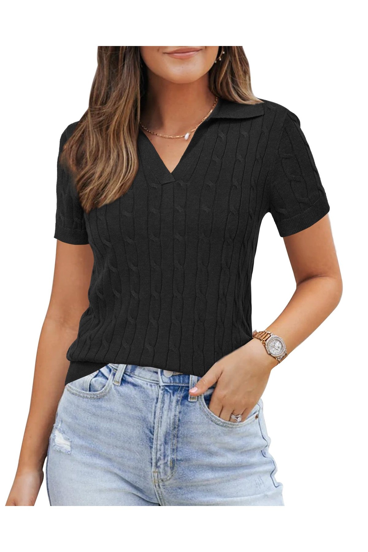 Arach&Cloz Wool-Blend Polo Knit Top — Rose — product image 3
