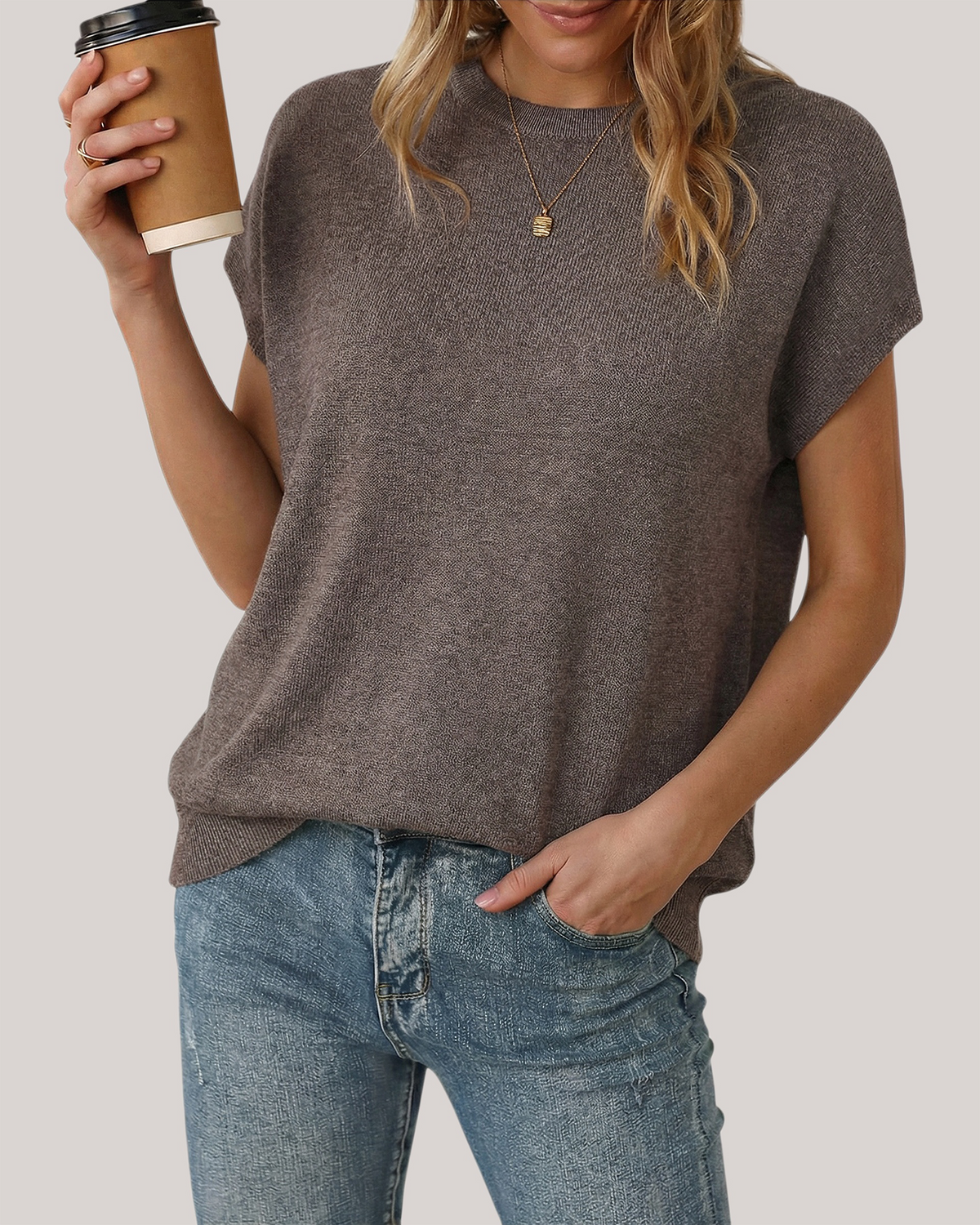 Arach&Cloz Wool-Blend Short-Sleeve Oversized Knit Top