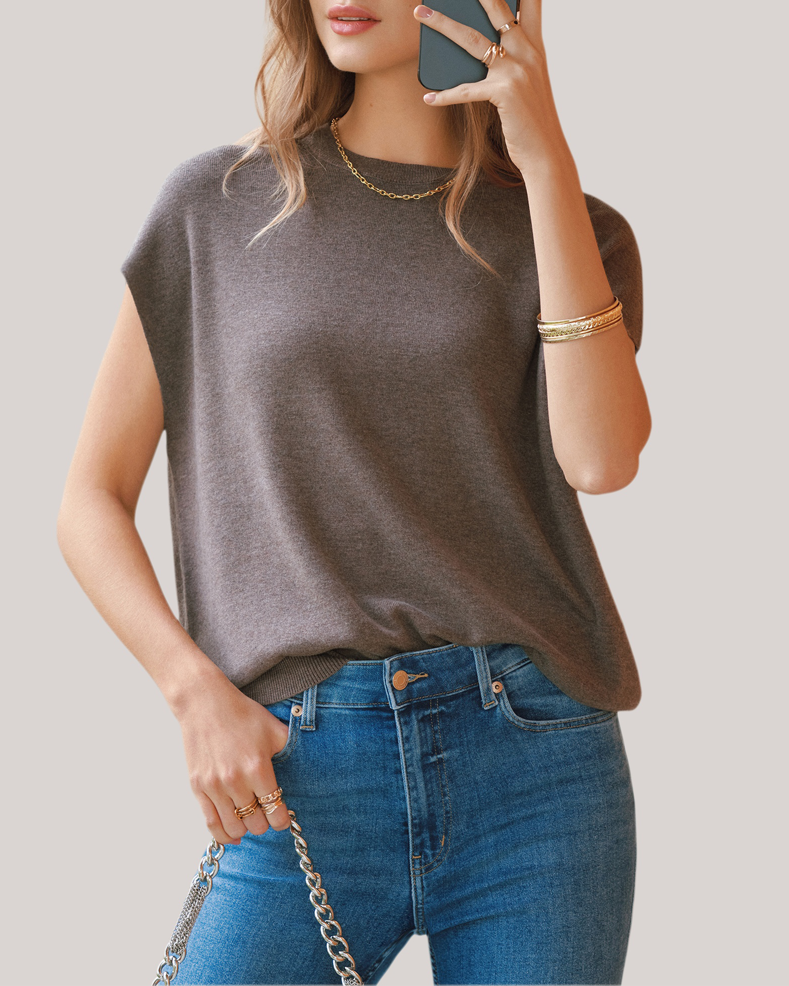 Arach&Cloz Wool-Blend Short-Sleeve Oversized Knit Top