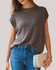 Arach&Cloz Wool-Blend Short-Sleeve Oversized Knit Top