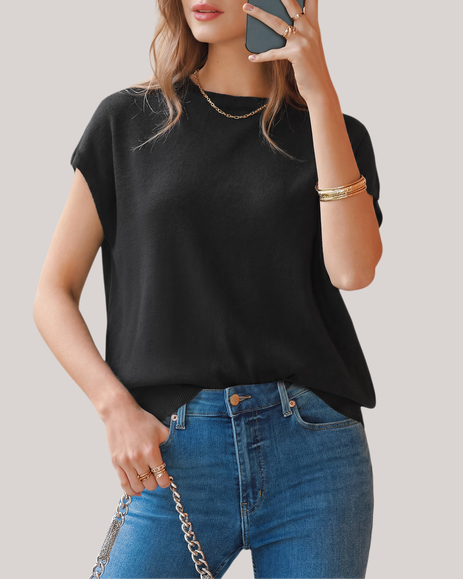 Arach&Cloz Wool-Blend Short-Sleeve Oversized Knit Top