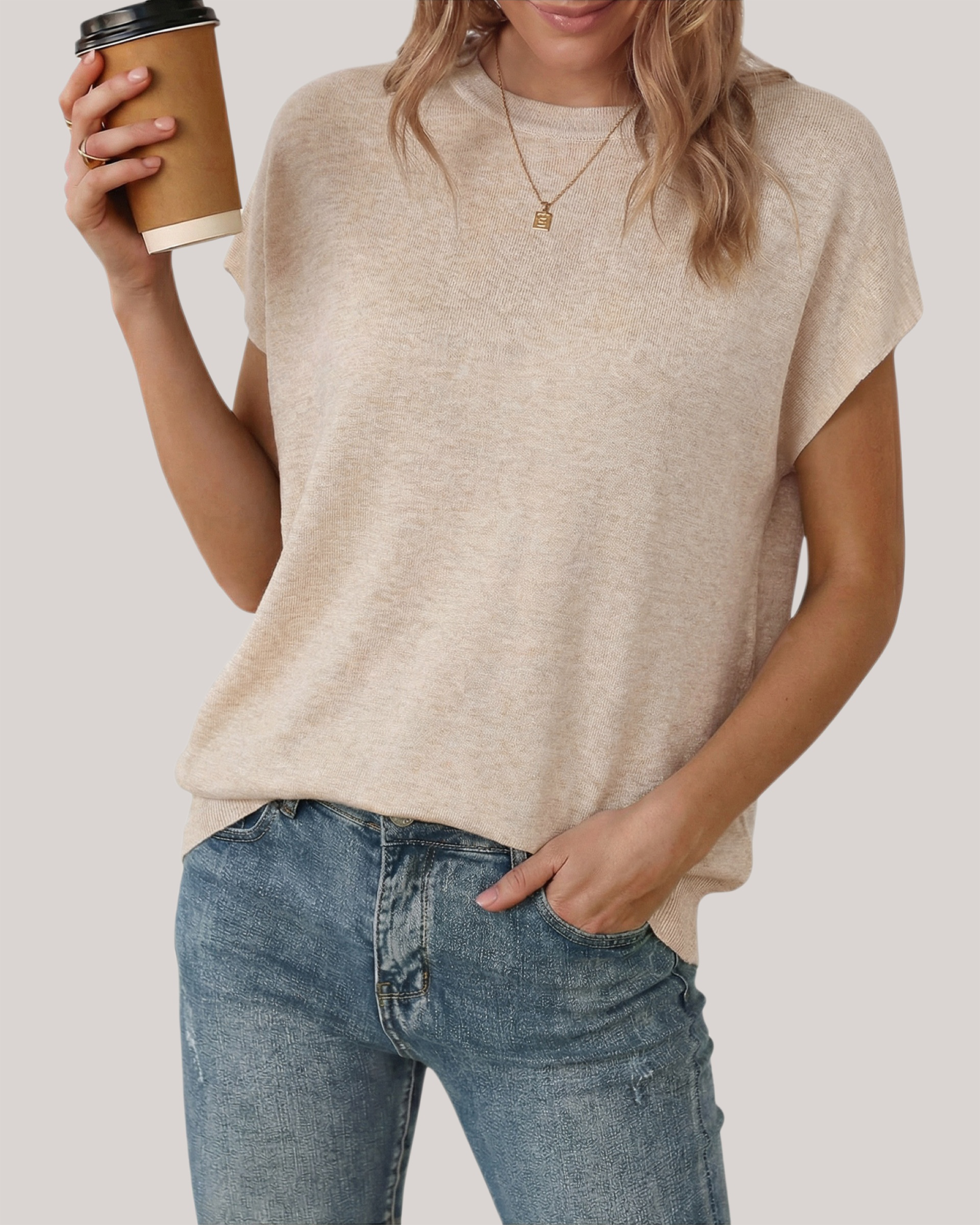 Arach&Cloz Wool-Blend Short-Sleeve Oversized Knit Top