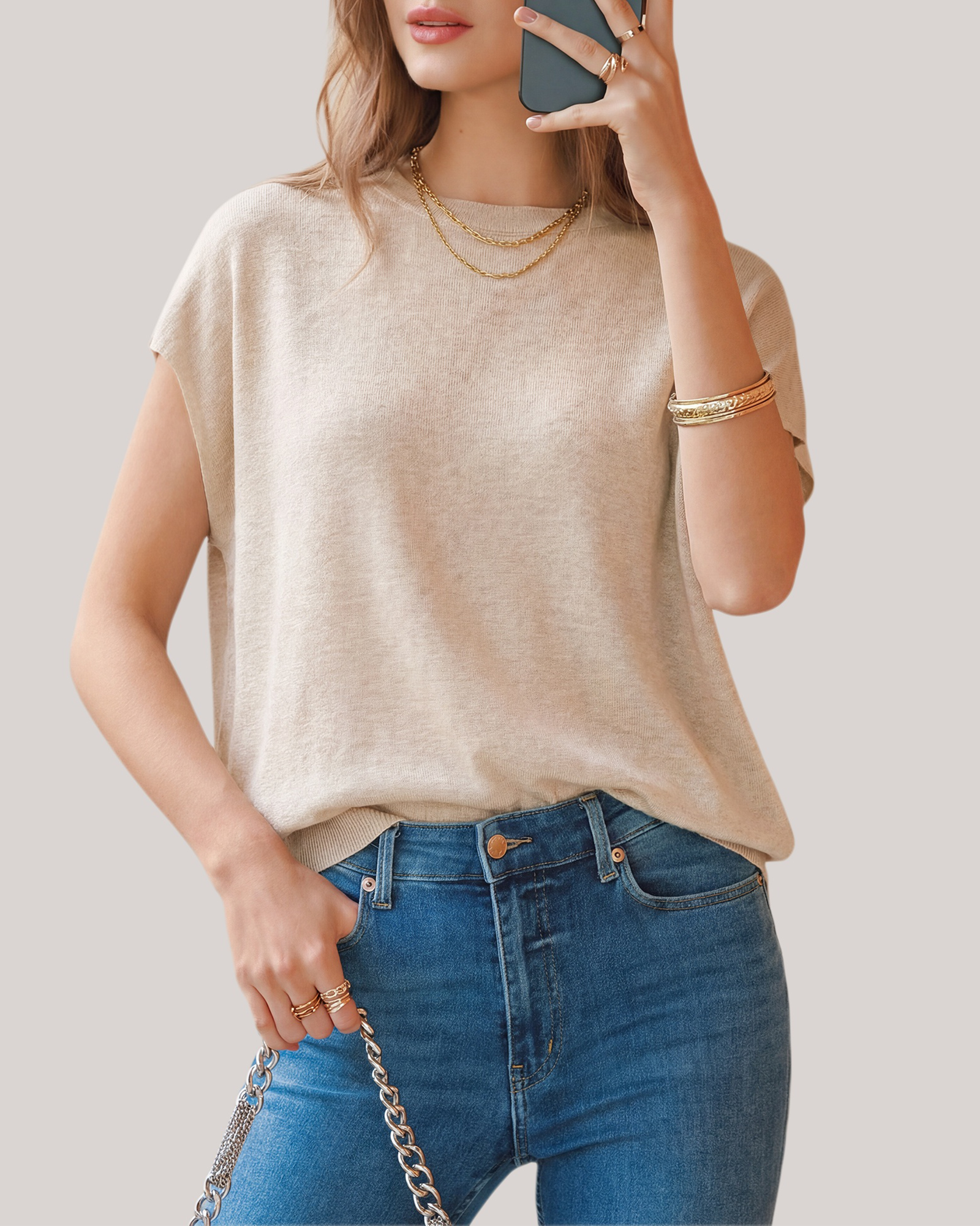 Arach&Cloz Wool-Blend Short-Sleeve Oversized Knit Top