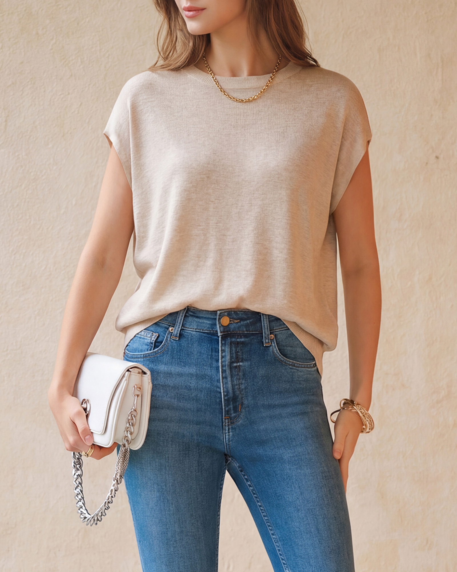 Arach&Cloz Wool-Blend Short-Sleeve Oversized Knit Top
