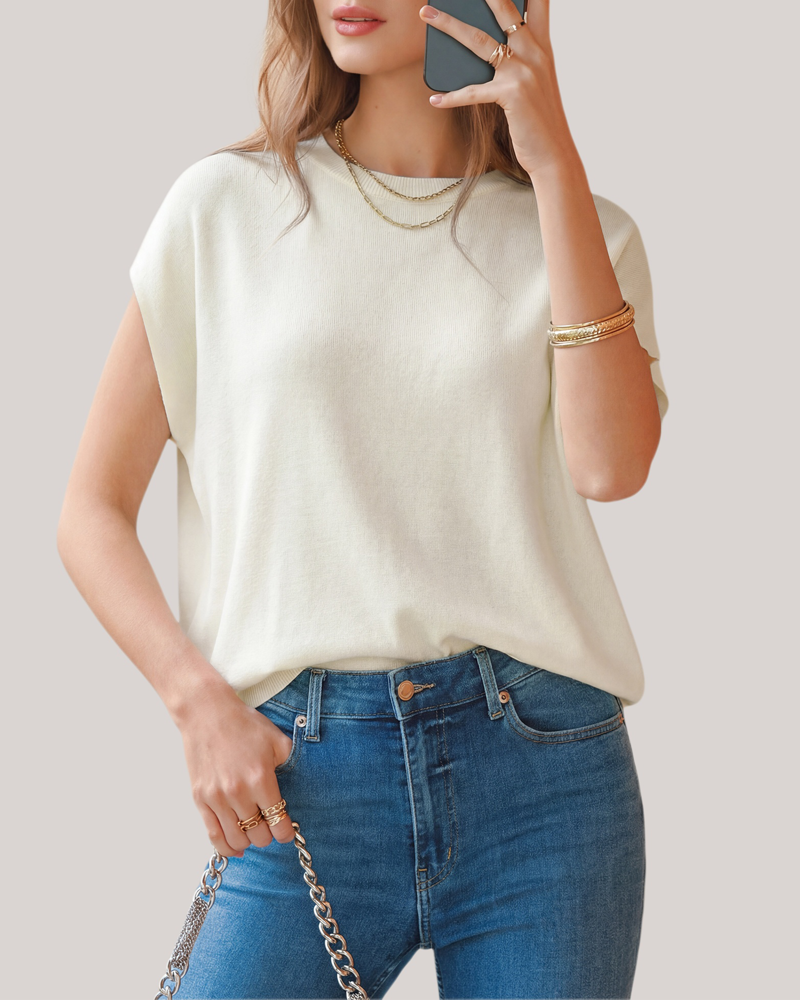 Arach&Cloz Wool-Blend Short-Sleeve Oversized Knit Top