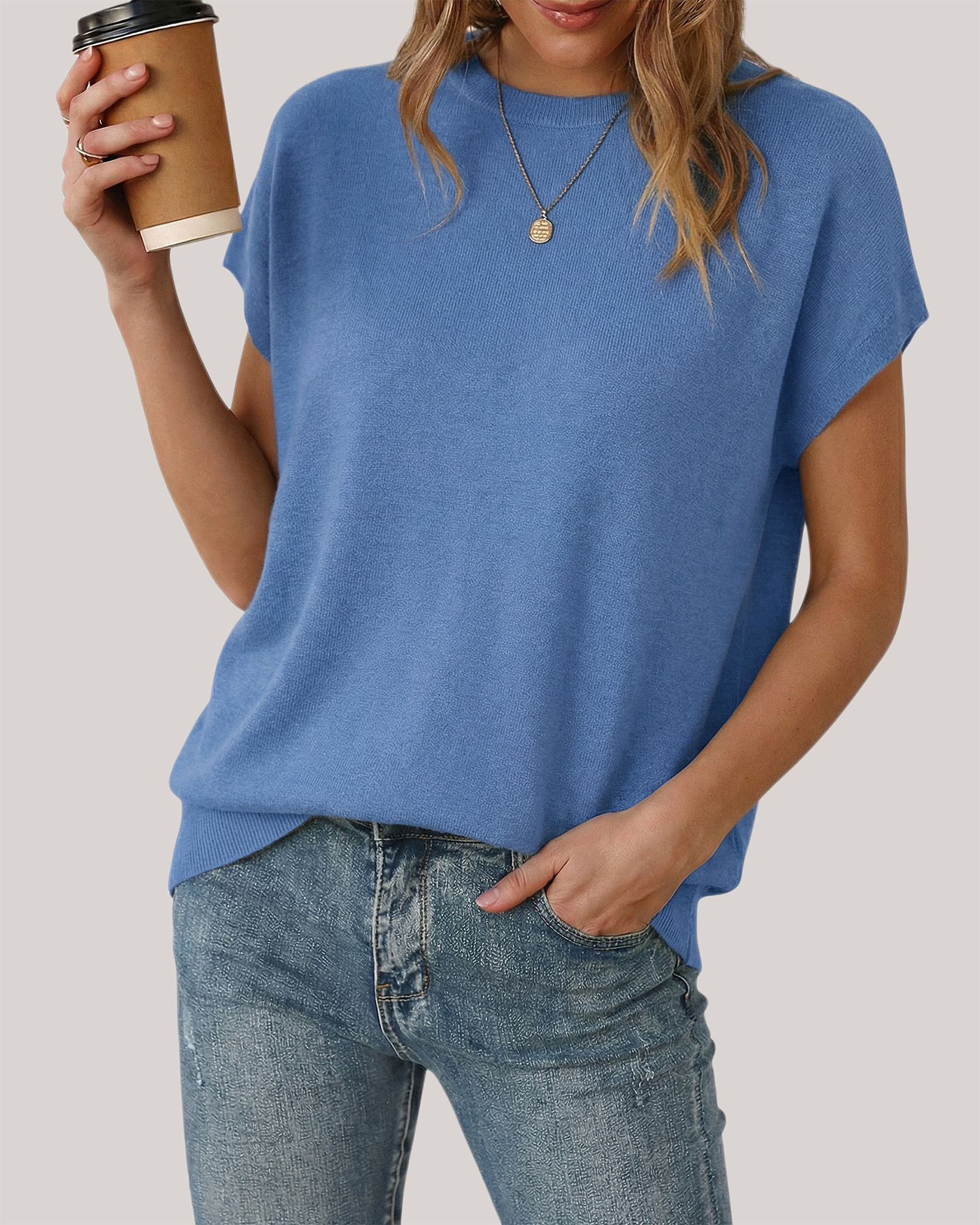 Arach&Cloz Wool-Blend Short-Sleeve Oversized Knit Top