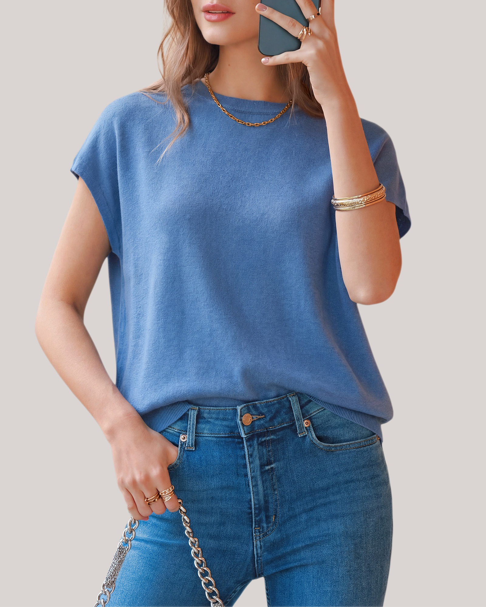 Arach&Cloz Wool-Blend Short-Sleeve Oversized Knit Top