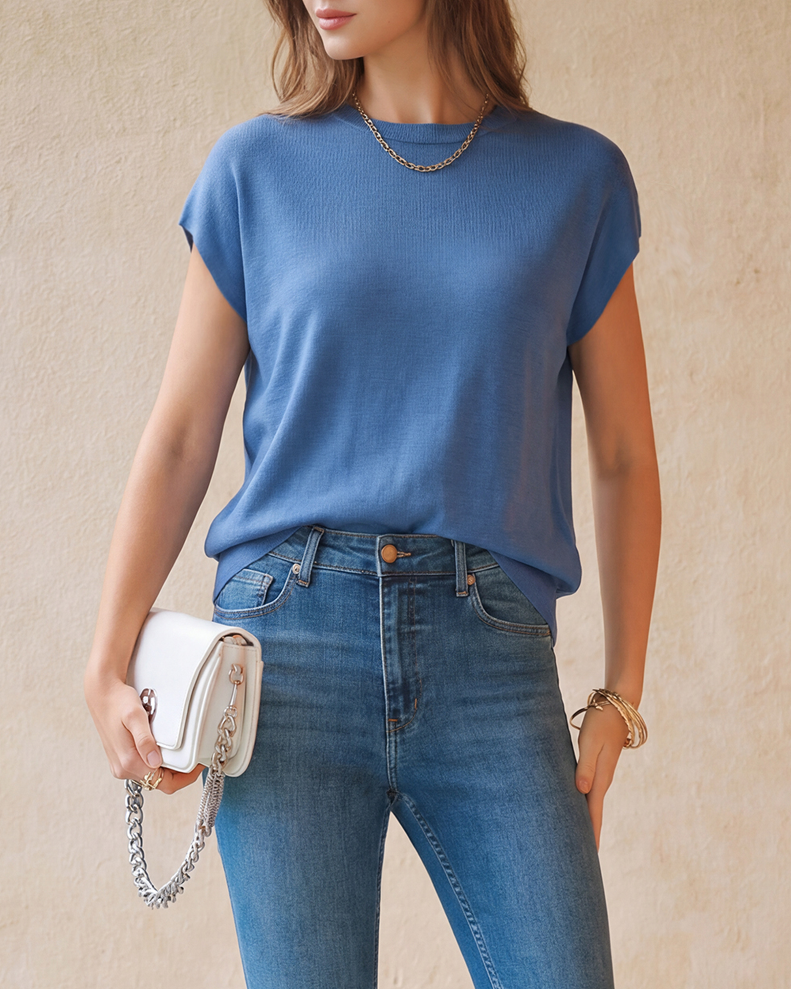 Arach&Cloz Wool-Blend Short-Sleeve Oversized Knit Top