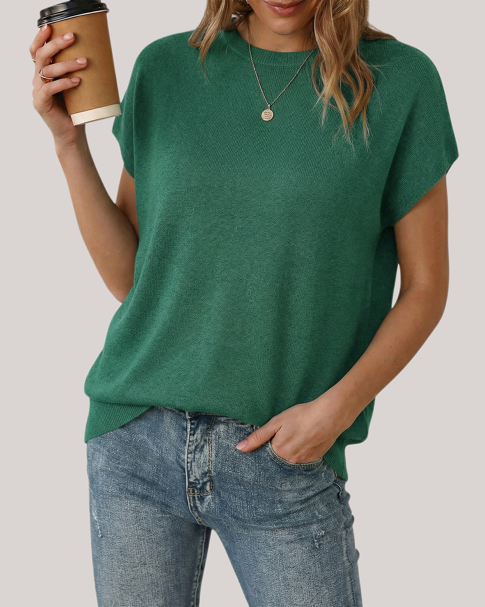 Arach&Cloz Wool-Blend Short-Sleeve Oversized Knit Top