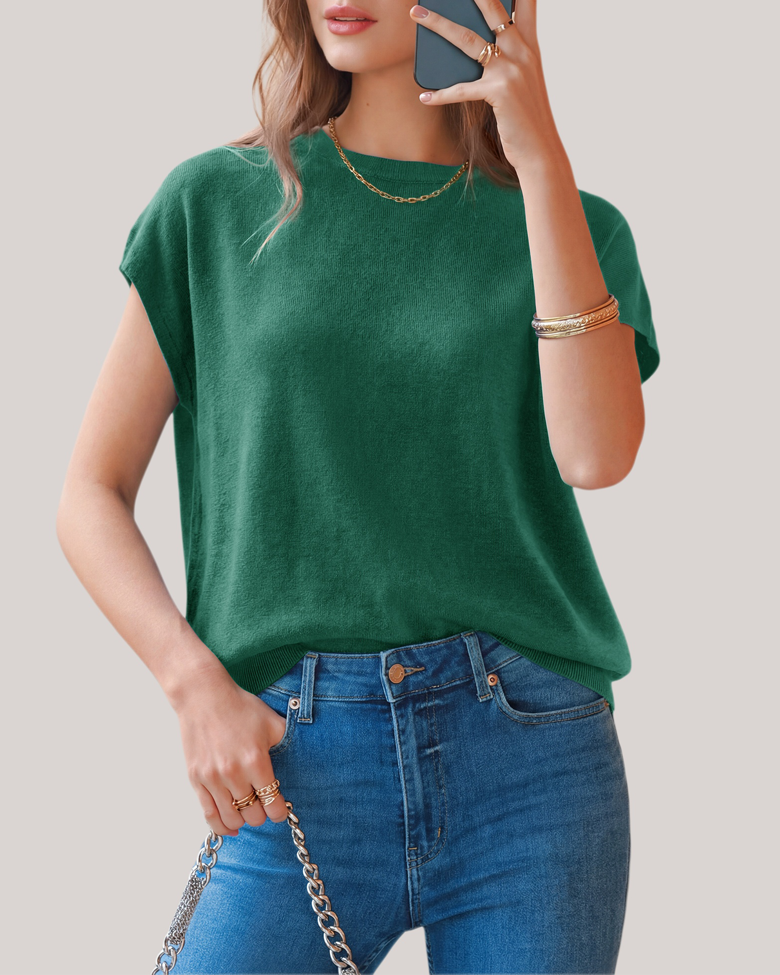 Arach&Cloz Wool-Blend Short-Sleeve Oversized Knit Top