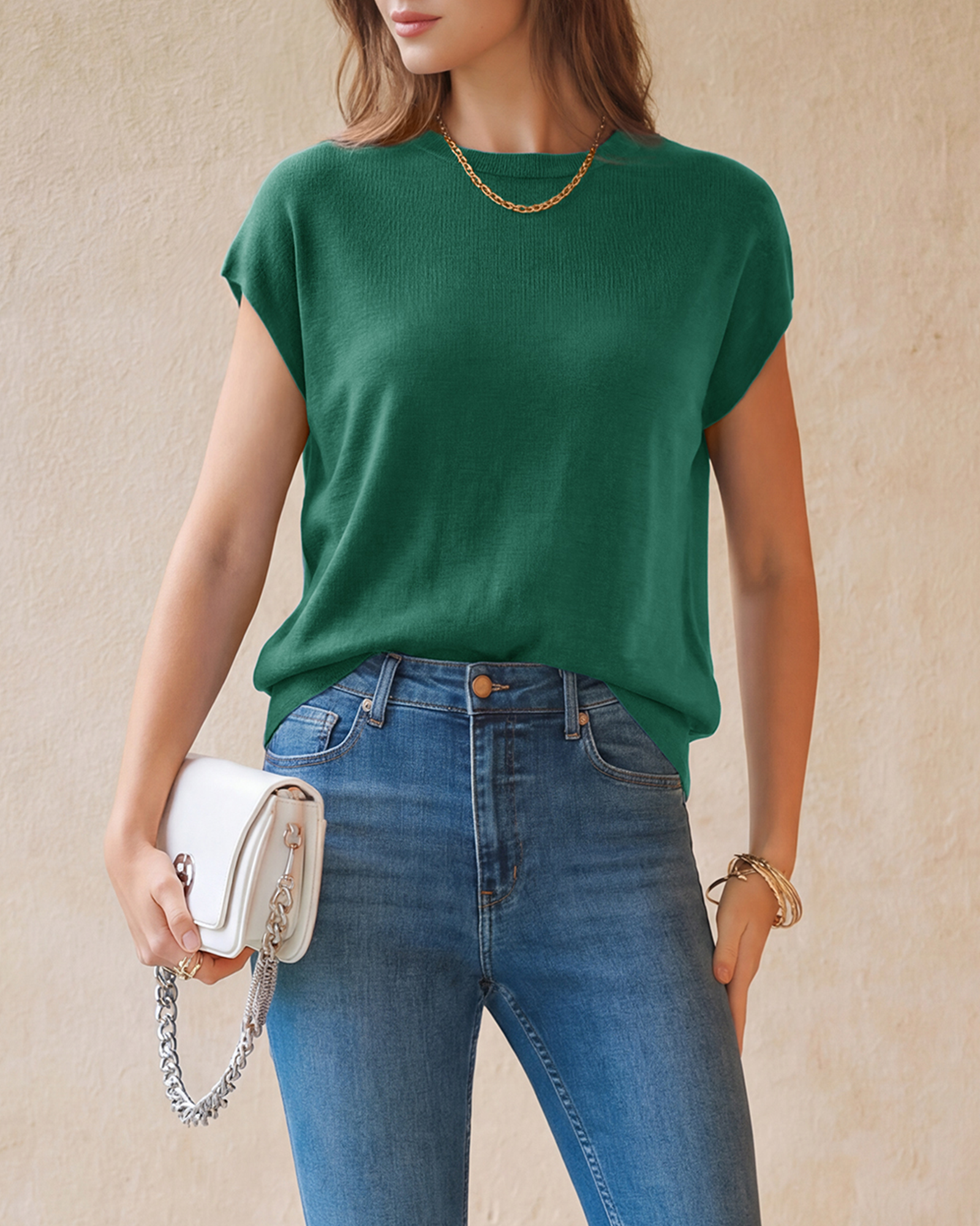 Arach&Cloz Wool-Blend Short-Sleeve Oversized Knit Top