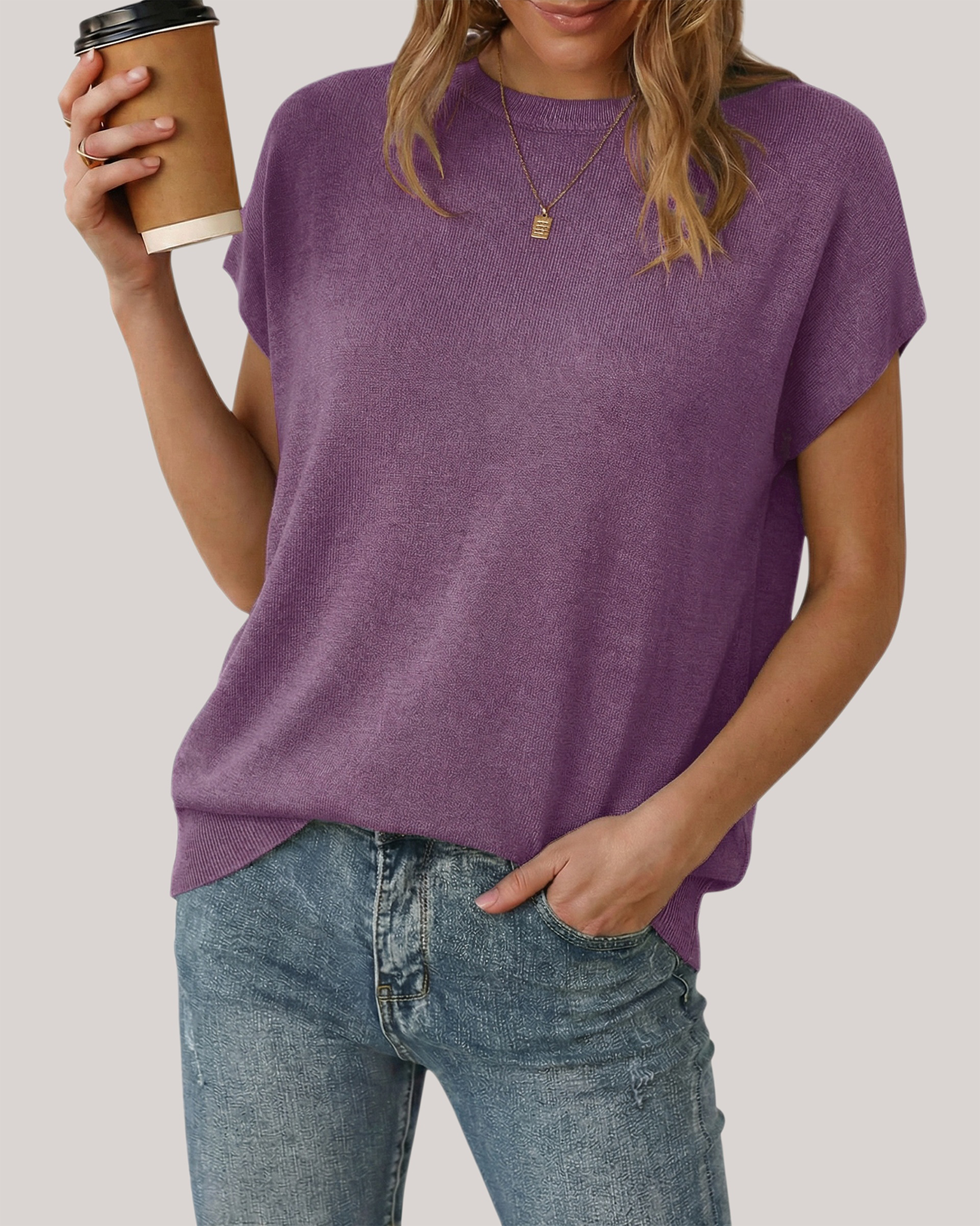 Arach&Cloz Wool-Blend Short-Sleeve Oversized Knit Top