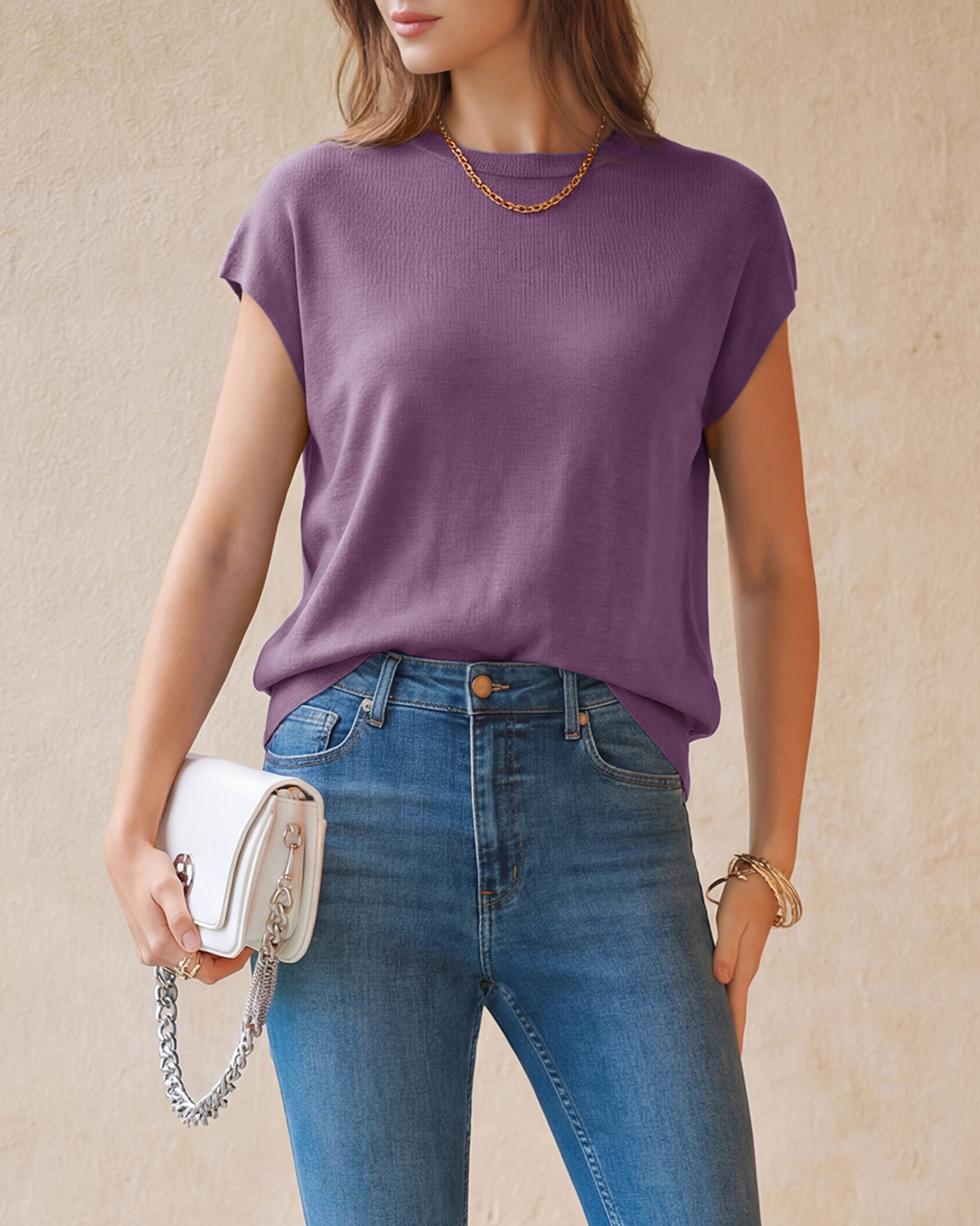 Arach&Cloz Wool-Blend Short-Sleeve Oversized Knit Top