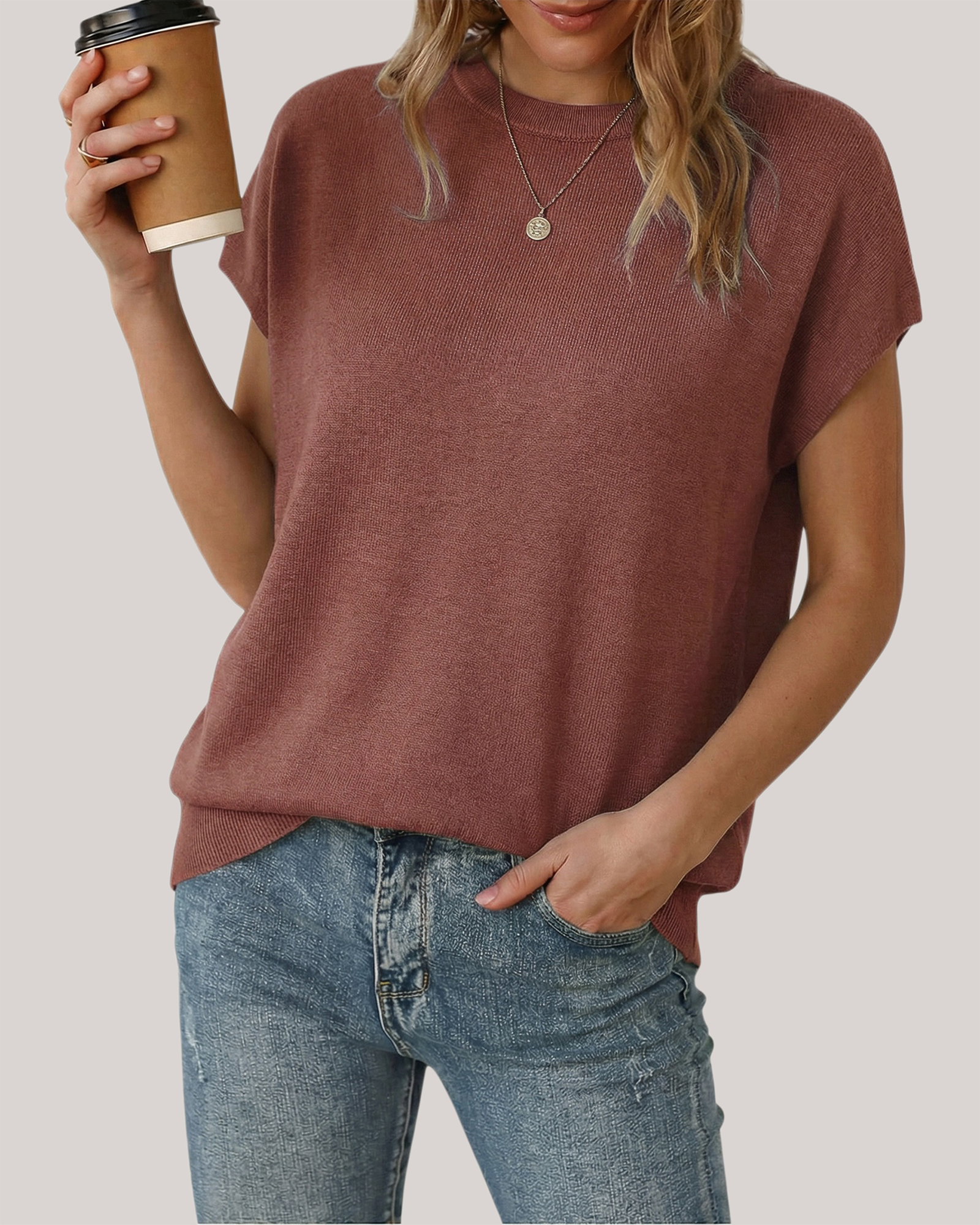 Arach&Cloz Wool-Blend Short-Sleeve Oversized Knit Top