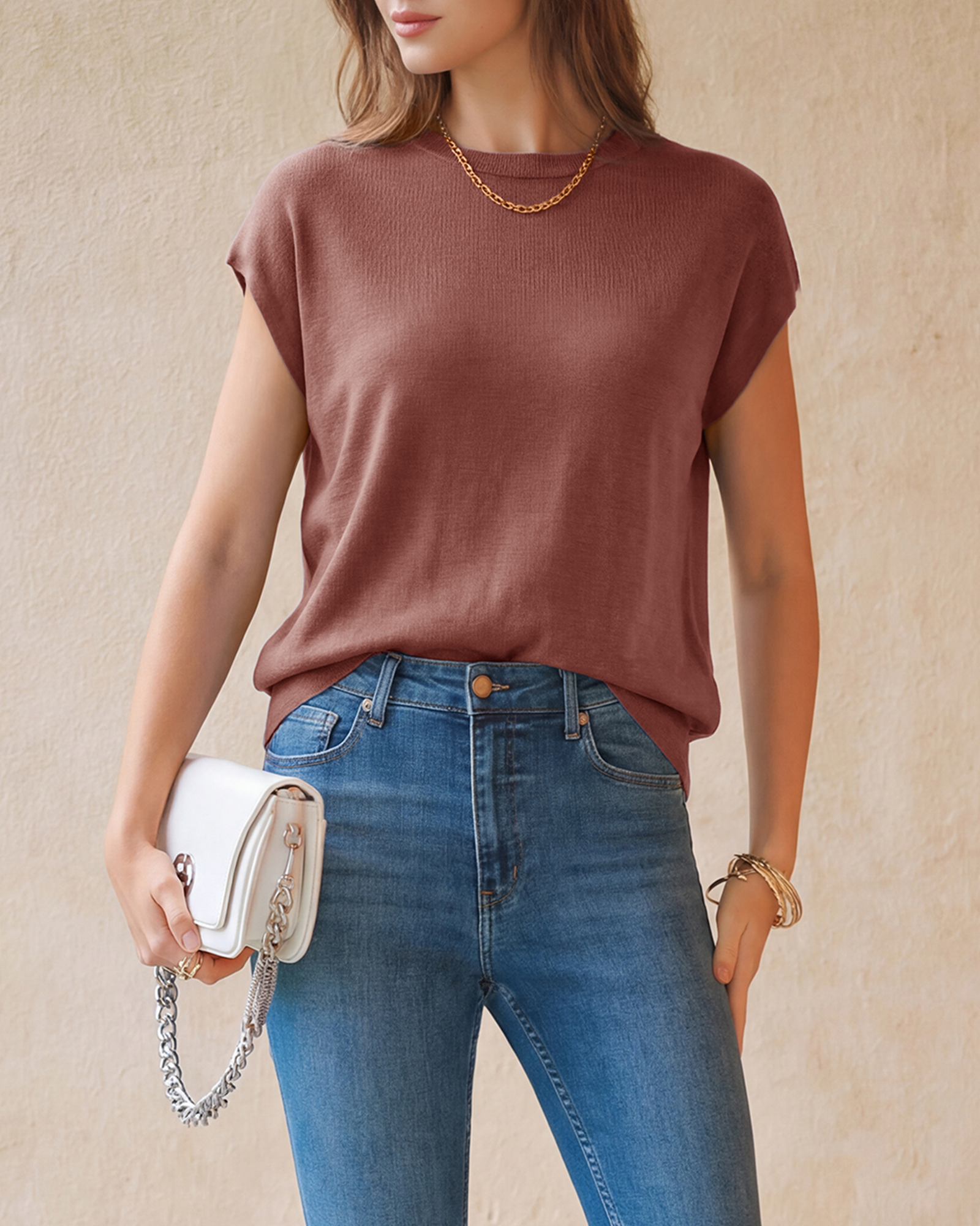 Arach&Cloz Wool-Blend Short-Sleeve Oversized Knit Top