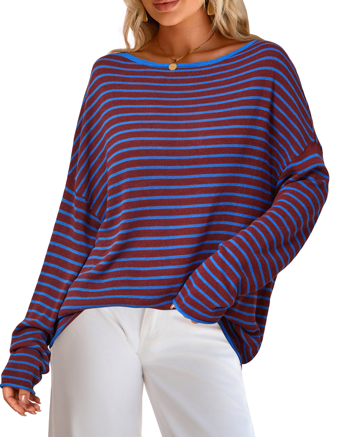 Arach&Cloz Linen-Blend Off-Shoulder Oversized Striped Pullover — product image 10