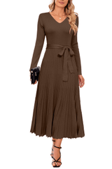Arach&Cloz Women's Wool Blend Tie Waist Pleated Fall Sweater Dress